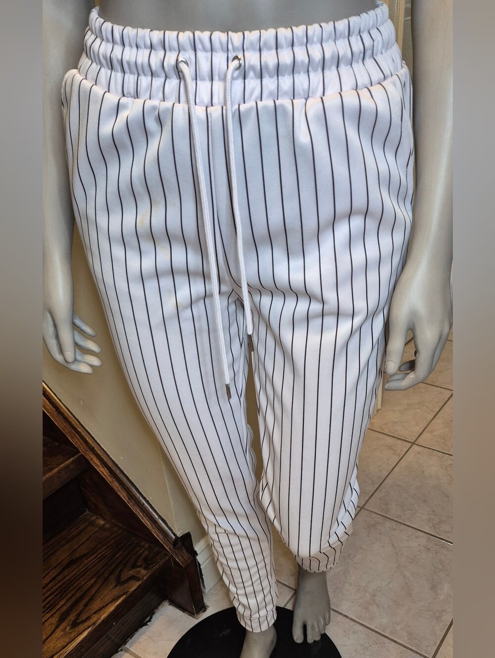 Revamped White Pinstripe Drawstring Pants - Picture 9 of 9